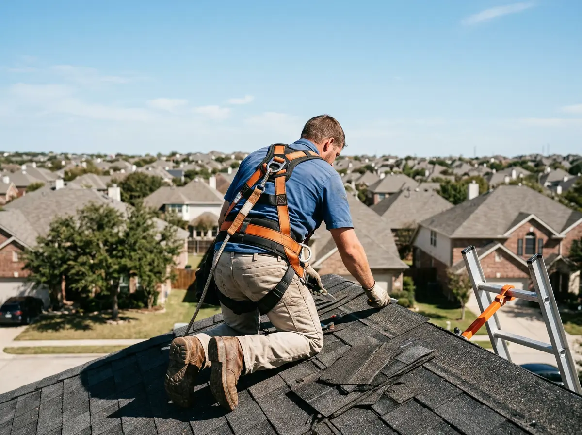 Roofer in a safety harness checking shingles on a residential roof