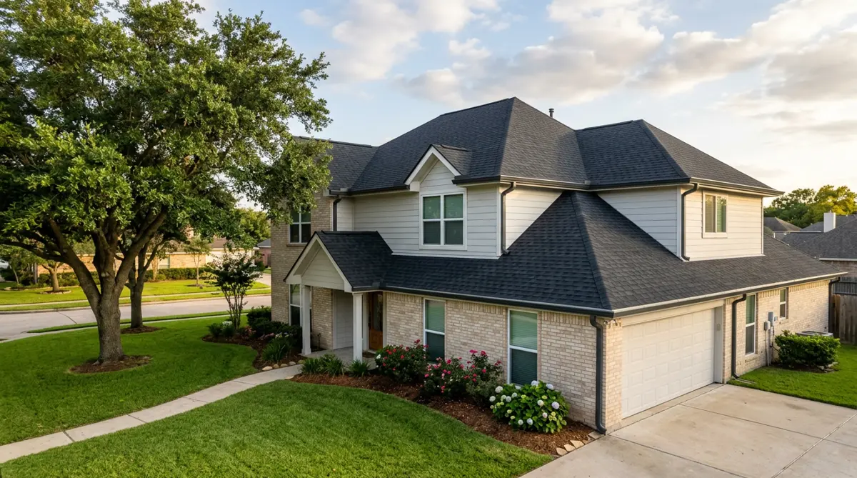 Two-story brick and siding home with a new charcoal architectural shingle roof
